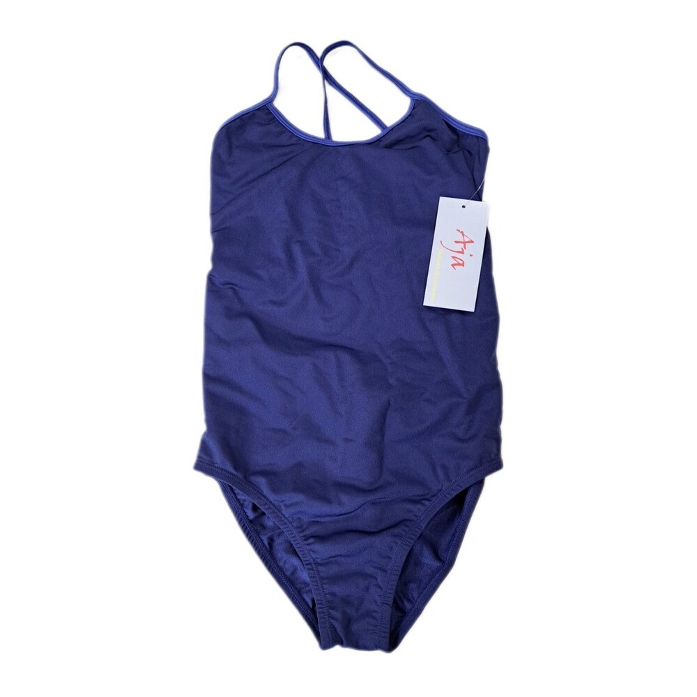Aja VTG Blue Open Back Cutout Mesh Lace Crossback Tank Leotard AS/SA Size Small - Picture 9 of 14